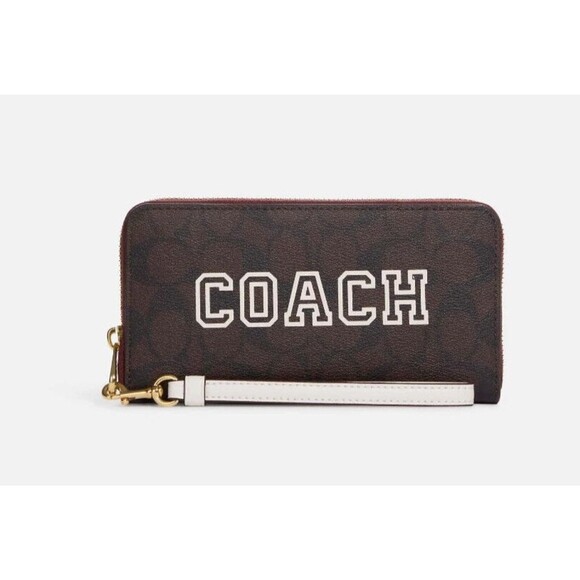 New Coach CB856 Long Zip Around Wallet with Varsity Motif Brown / Chalk Multi - Picture 1 of 3
